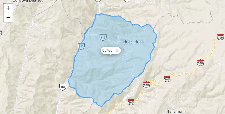 Mapa de la zona del código postal 05760 en Huac Huas, Ayacucho