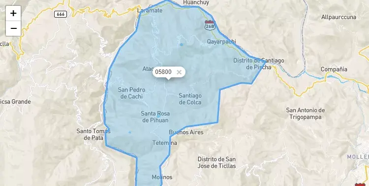 Mapa de la zona del código postal 05800 en Santiago de Pischa, Ayacucho