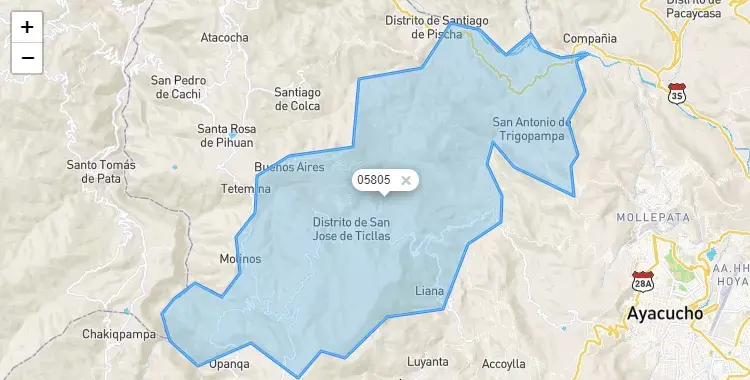Mapa de la zona del código postal 05805 en San José de Ticllas, Ayacucho