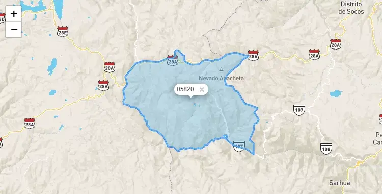 Mapa de la zona del código postal 05820 en Paras, Ayacucho