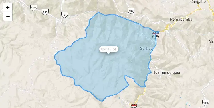 Mapa de la zona del código postal 05850 en Sarhua, Ayacucho
