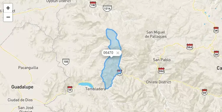 Mapa de la zona del código postal 06470 en Unión Agua Blanca, Cajamarca