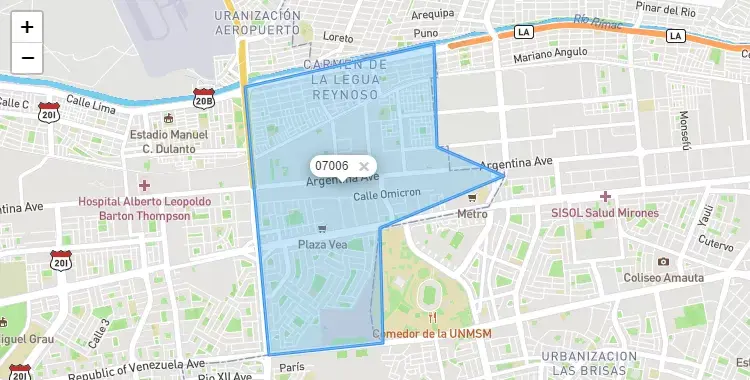 Mapa de la zona del código postal 07006 en Carmen de la Legua Reynoso, Callao
