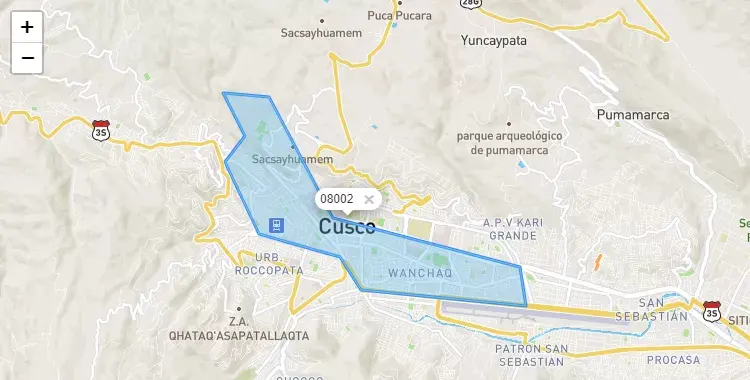 Mapa de la zona del código postal 08002 en Wanchaq, Cuzco