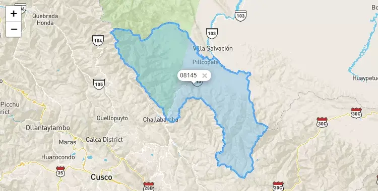 Mapa de la zona del código postal 08145 en Kosñipata, Cuzco