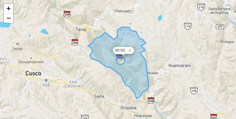 Mapa de la zona del código postal 08150 en San Salvador, Cuzco