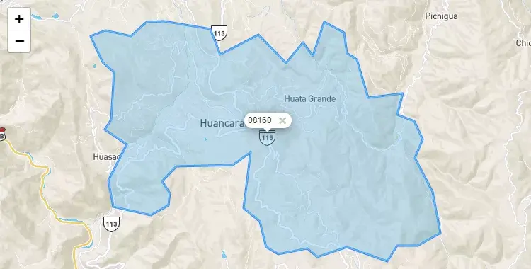 Mapa de la zona del código postal 08160 en Huancarani, Cuzco