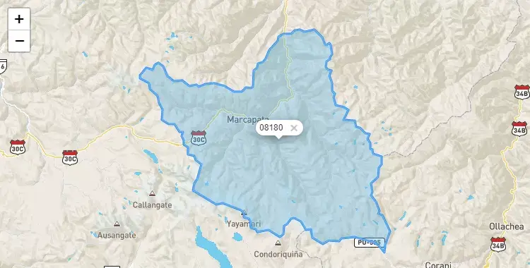 Mapa de la zona del código postal 08180 en Marcapata, Cuzco