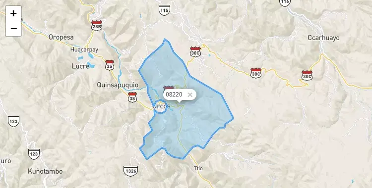 Mapa de la zona del código postal 08220 en Urcos, Cuzco