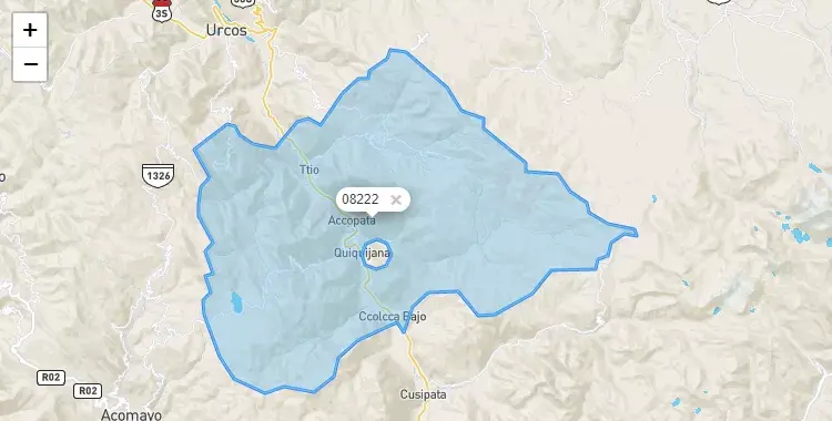 Mapa de la zona del código postal 08222 en Quiquijana, Cuzco