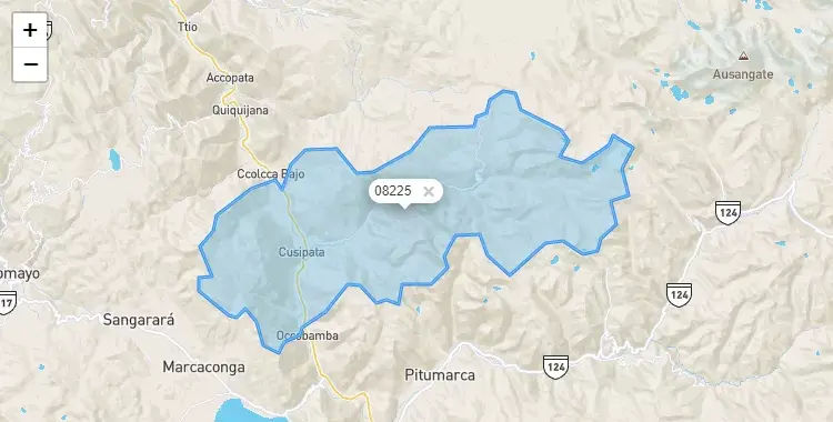Mapa de la zona del código postal 08225 en Cusipata, Cuzco