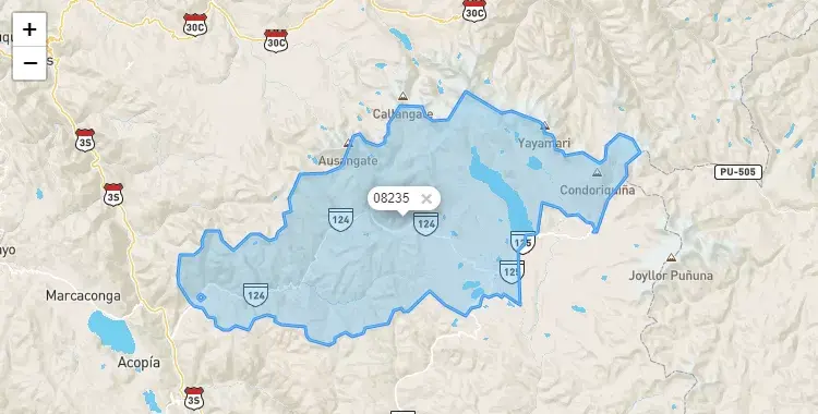 Mapa de la zona del código postal 08235 en Pitumarca, Cuzco