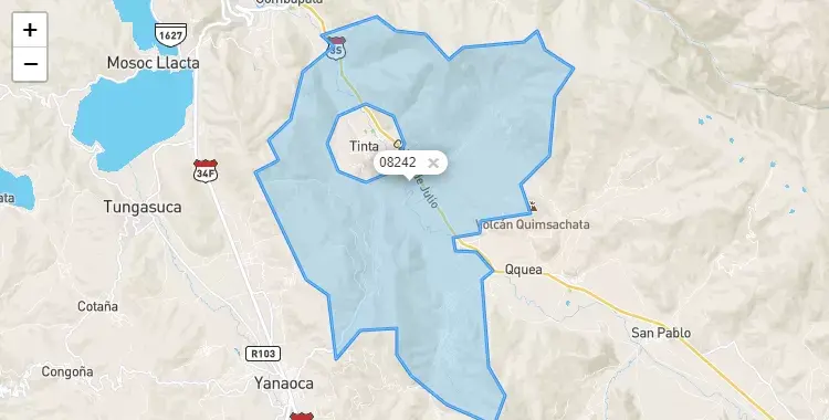 Mapa de la zona del código postal 08242 en Tinta, Cuzco