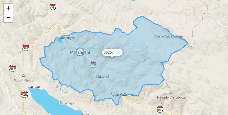 Mapa de la zona del código postal 08257 en Marangani, Cuzco