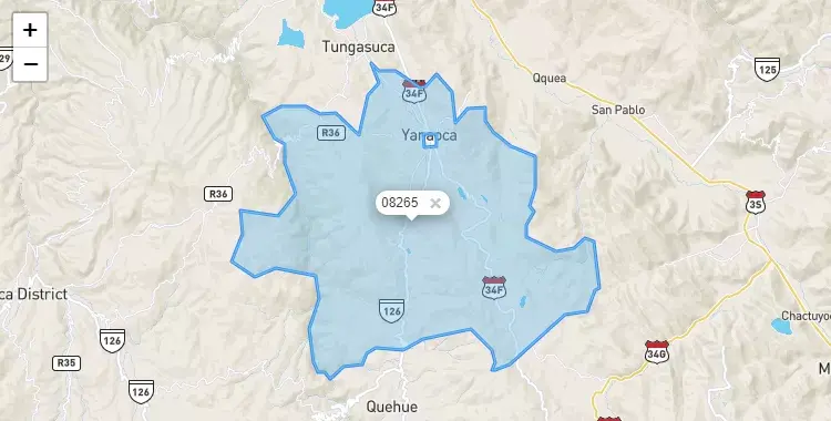Mapa de la zona del código postal 08265 en Yanaoca, Cuzco