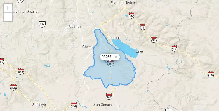 Mapa de la zona del código postal 08267 en Kunturkannki, Cuzco