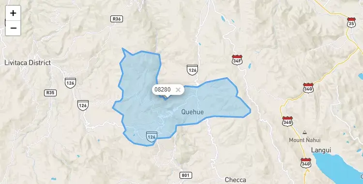 Mapa de la zona del código postal 08280 en Quehue, Cuzco