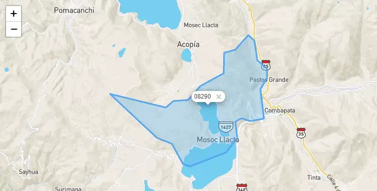 Mapa de la zona del código postal 08290 en Mosoc Llacta, Cuzco