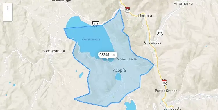 Mapa de la zona del código postal 08295 en Acopia, Cuzco