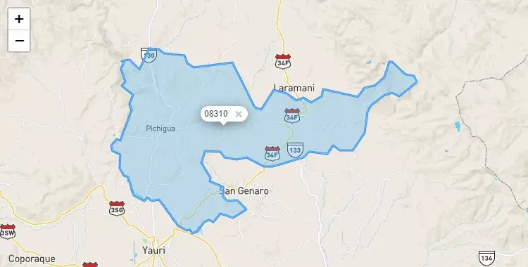 Mapa de la zona del código postal 08310 en Pichigua, Cuzco