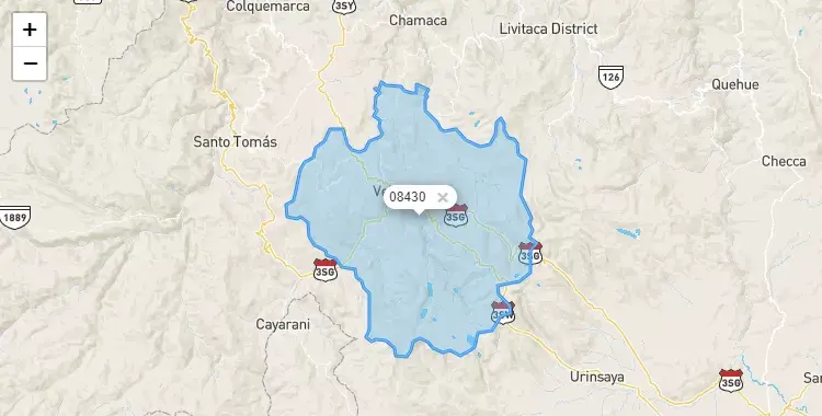 Mapa de la zona del código postal 08430 en Velille, Cuzco