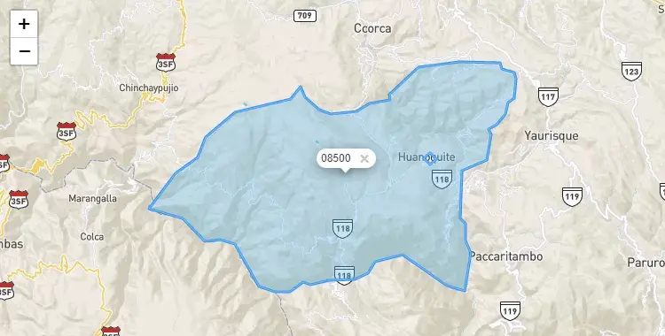 Mapa de la zona del código postal 08500 en Huanoquite, Cuzco