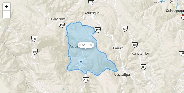 Mapa de la zona del código postal 08515 en Paccaritambo, Cuzco
