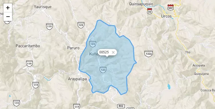 Mapa de la zona del código postal 08525 en Rondocan, Cuzco