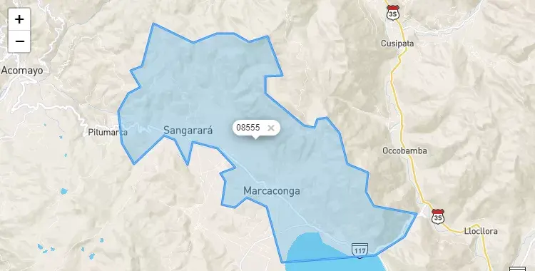 Mapa de la zona del código postal 08555 en Sangarara, Cuzco