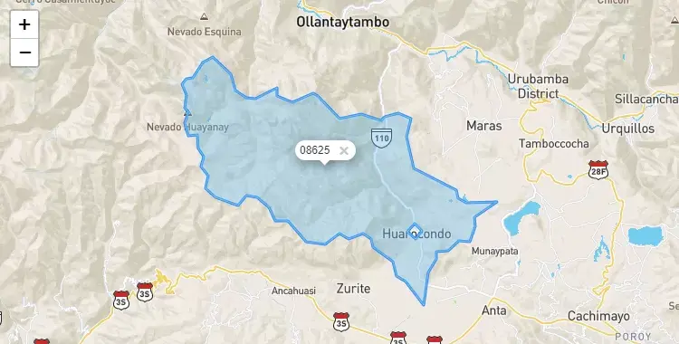 Mapa de la zona del código postal 08625 en Huarocondo, Cuzco
