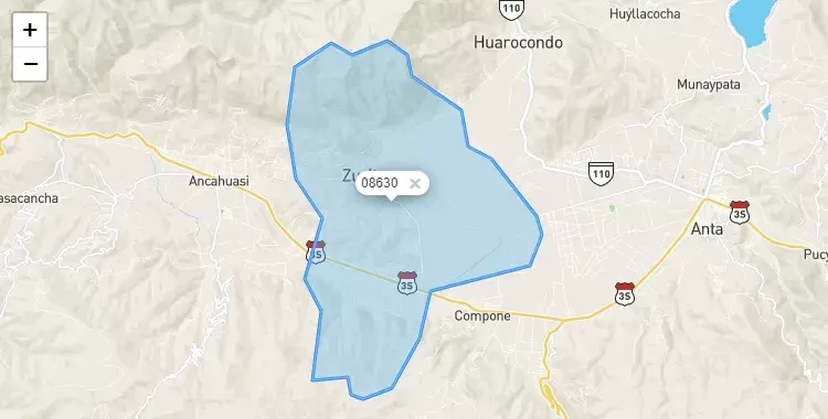 Mapa de la zona del código postal 08630 en Zurite, Cuzco