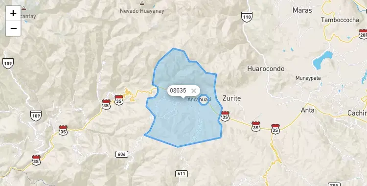 Mapa de la zona del código postal 08635 en Ancahuasi, Cuzco