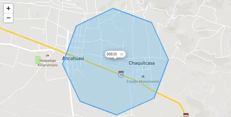Mapa de la zona del código postal 08636 en Ancahuasi, Cuzco