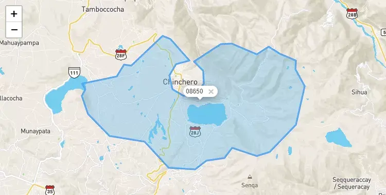 Mapa de la zona del código postal 08650 en Chinchero, Cuzco