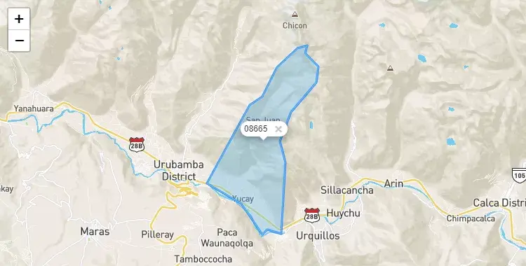 Mapa de la zona del código postal 08665 en Yucay, Cuzco