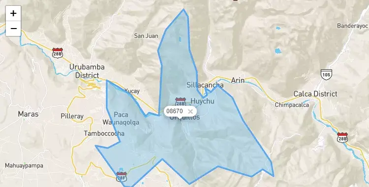 Mapa de la zona del código postal 08670 en Huayllabamba, Cuzco
