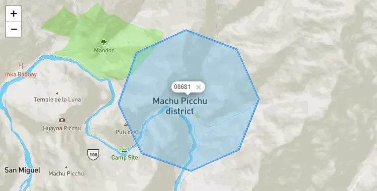 Mapa de la zona del código postal 08681 en Machupicchu, Cuzco
