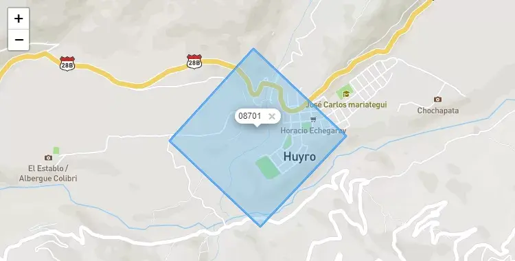 Mapa de la zona del código postal 08701 en Huayopata, Cuzco