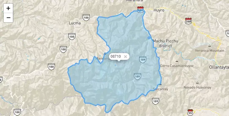 Mapa de la zona del código postal 08710 en Santa Teresa, Cuzco