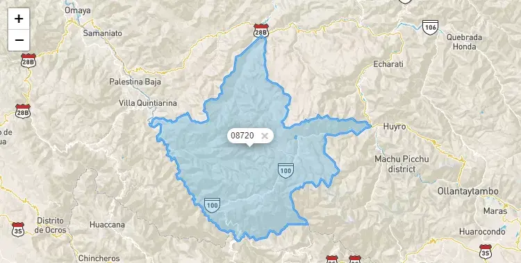 Mapa de la zona del código postal 08720 en Vilcabamba, Cuzco