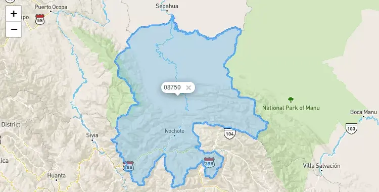 Mapa de la zona del código postal 08750 en Echarate, Cuzco