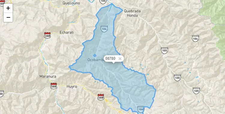 Mapa de la zona del código postal 08780 en Ocobamba, Cuzco