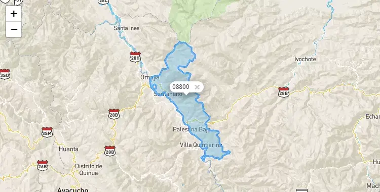 Mapa de la zona del código postal 08800 en Kimbiri, Cuzco