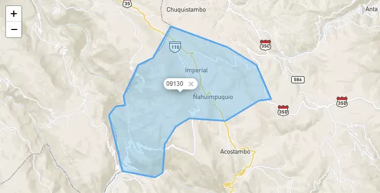 Mapa de la zona del código postal 09130 en Ñahuimpuquio, Huancavelica