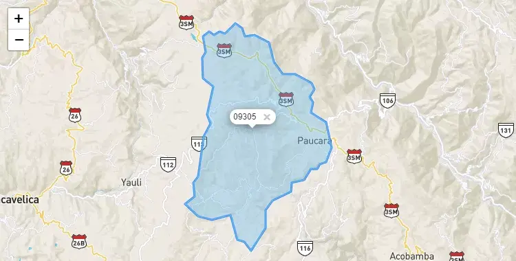 Mapa de la zona del código postal 09305 en Paucara, Huancavelica