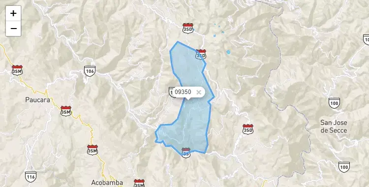 Mapa de la zona del código postal 09350 en Locroja, Huancavelica