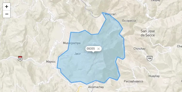 Mapa de la zona del código postal 09355 en La Merced, Huancavelica