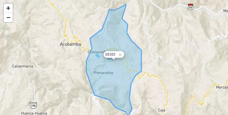 Mapa de la zona del código postal 09385 en Pomacocha, Huancavelica