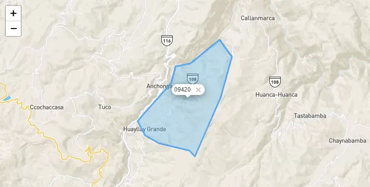Mapa de la zona del código postal 09420 en Huayllay Grande, Huancavelica