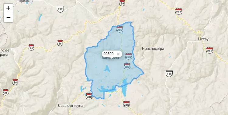 Mapa de la zona del código postal 09500 en Santa Ana, Huancavelica
